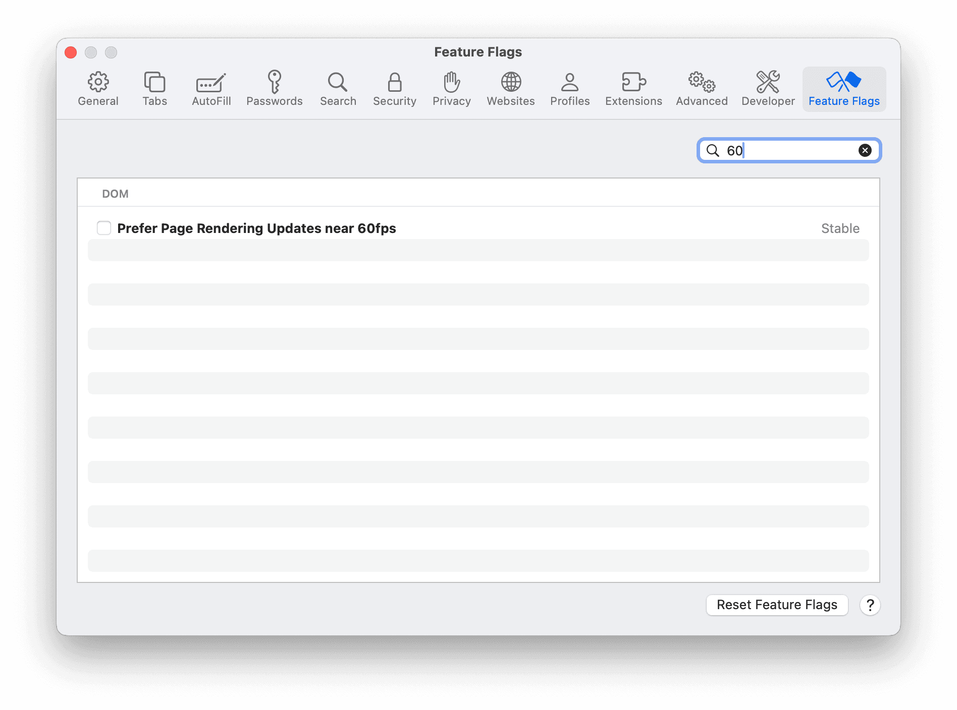 Safari Feature Flags settings